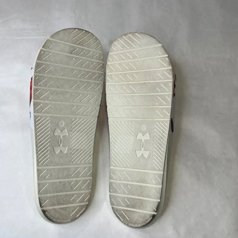 Under Armour Mens Size 14 White Slides With Abstract Red & Black Splatter Design